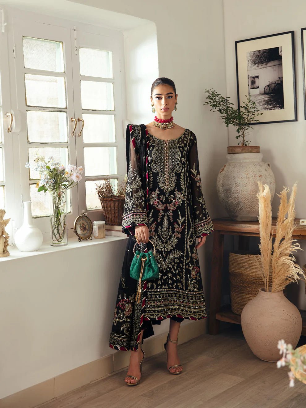 Model in Gulaal UK NOIR, elegant black embroidered chiffon, from '23 V1 Pakistani clothes UK.