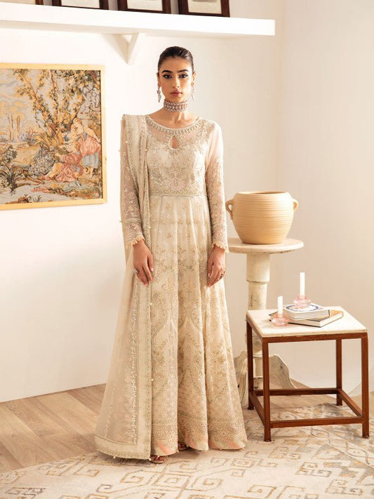 Model in Gulaal UK Royale, beige embroidered chiffon ensemble, '23 V1 Pakistani clothes UK series.