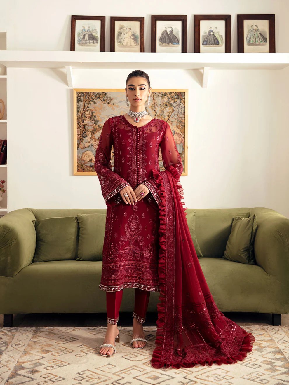 Model in Gulaal UK RUBY, rich red embroidered chiffon dress, from '23 V1 Pakistani clothes UK line.