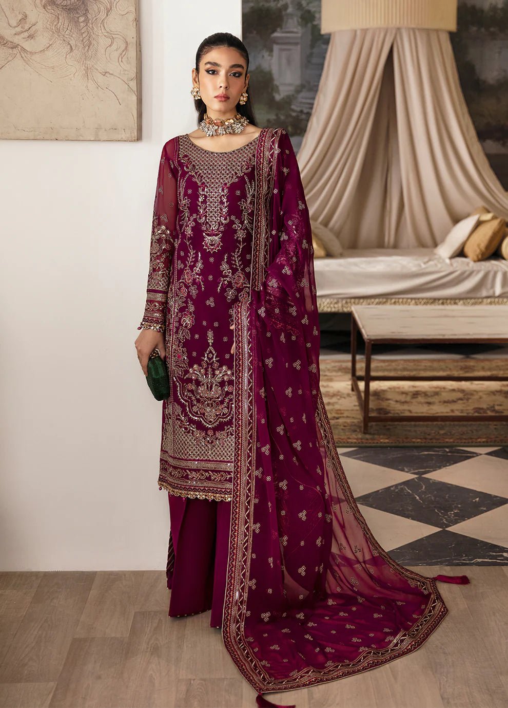 Model in Gulaal UK ZAREENA, deep purple embroidered chiffon, '23 V2 Pakistani clothes UK.