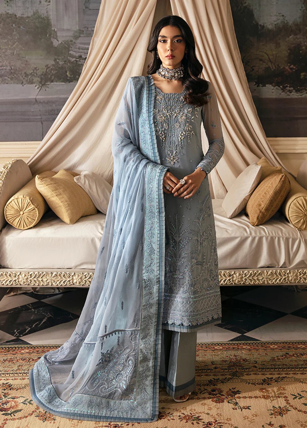 Model in Gulaal UK ZURIA, icy blue embroidered chiffon, '23 V2 Pakistani clothes UK elegance.