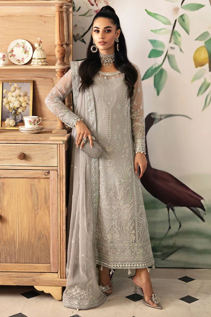 Model wearing Gulaal Embroidered Chiffon 24 Aubrey dress in silver grey, Pakistani wedding clothes online in UK.