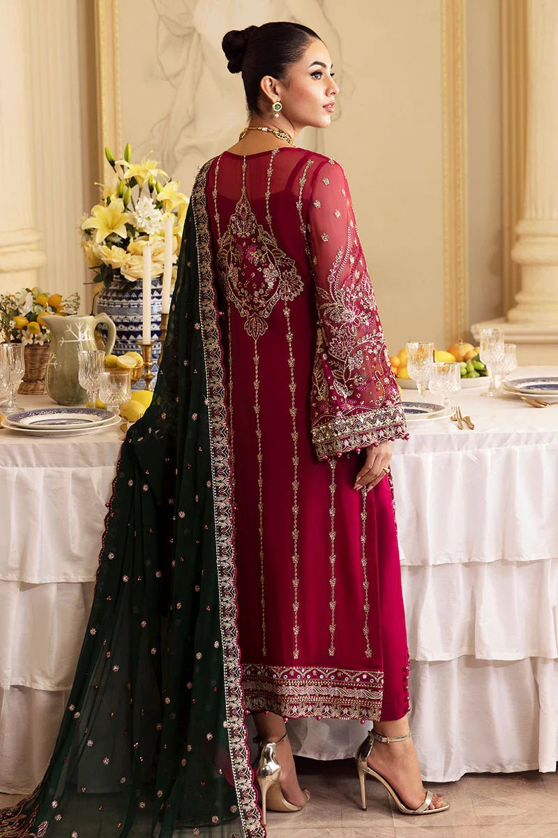 Model wearing Gulaal Embroidered Chiffon 24 Blanca dress in maroon and green, Pakistani wedding clothes online in UK.