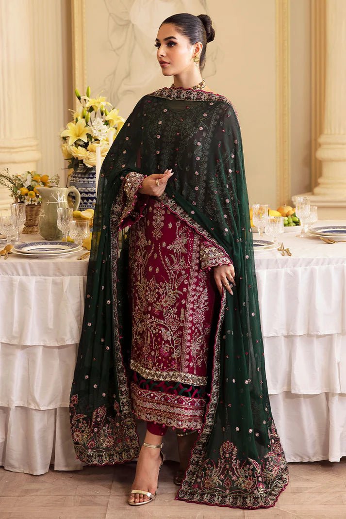 Model wearing Gulaal Embroidered Chiffon 24 Blanca dress in maroon and green, Pakistani wedding clothes online in UK.