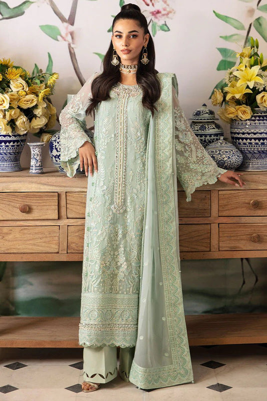 Model wearing Gulaal Embroidered Chiffon 24 Jade dress in mint green, Pakistani wedding clothes online in UK.