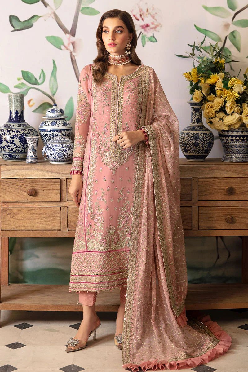 Model wearing Gulaal Embroidered Chiffon 24 Viviana dress in pink, showcasing intricate detailing, perfect for Pakistani wedding clothes online in the UK.