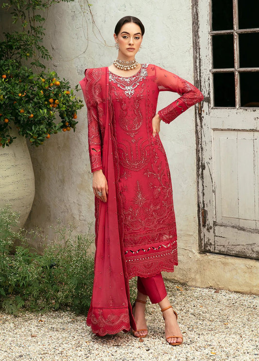 Model in Gulaal Ulmaria embroidered chiffon dress, traditional Pakistani wear in the UK.