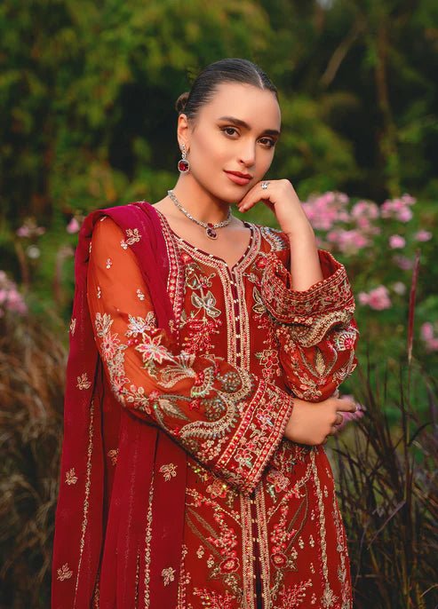 Model wearing Gulaal ATHENA dress, red embroidered Pakistani outfit UK.