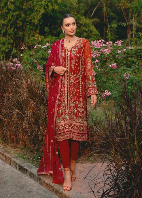 Model wearing Gulaal ATHENA dress, red embroidered Pakistani outfit UK.