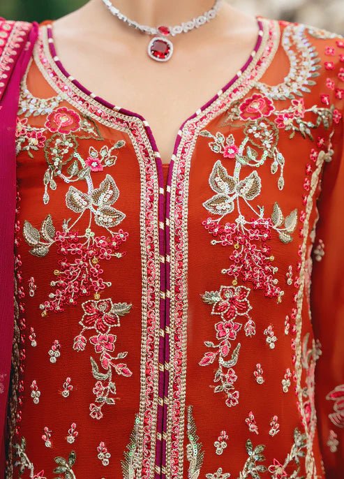 Model wearing Gulaal ATHENA dress, red embroidered Pakistani outfit UK.