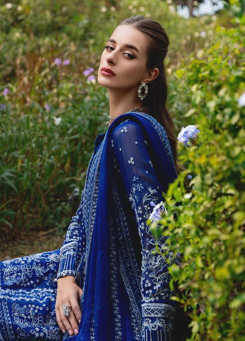 Model wearing Gulaal CELISE dress, royal blue Pakistani attire UK.Model wearing Gulaal CELISE dress, royal blue Pakistani attire UK.