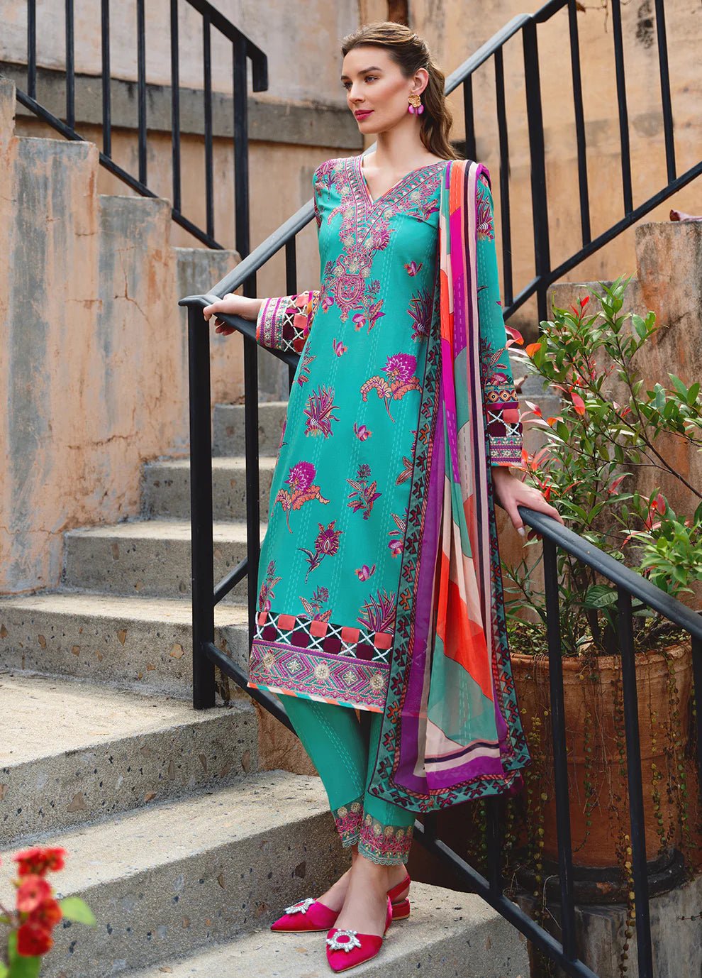 Model in vibrant Gulaal ALMERIA dress, UK's choice for Pakistani clothes.