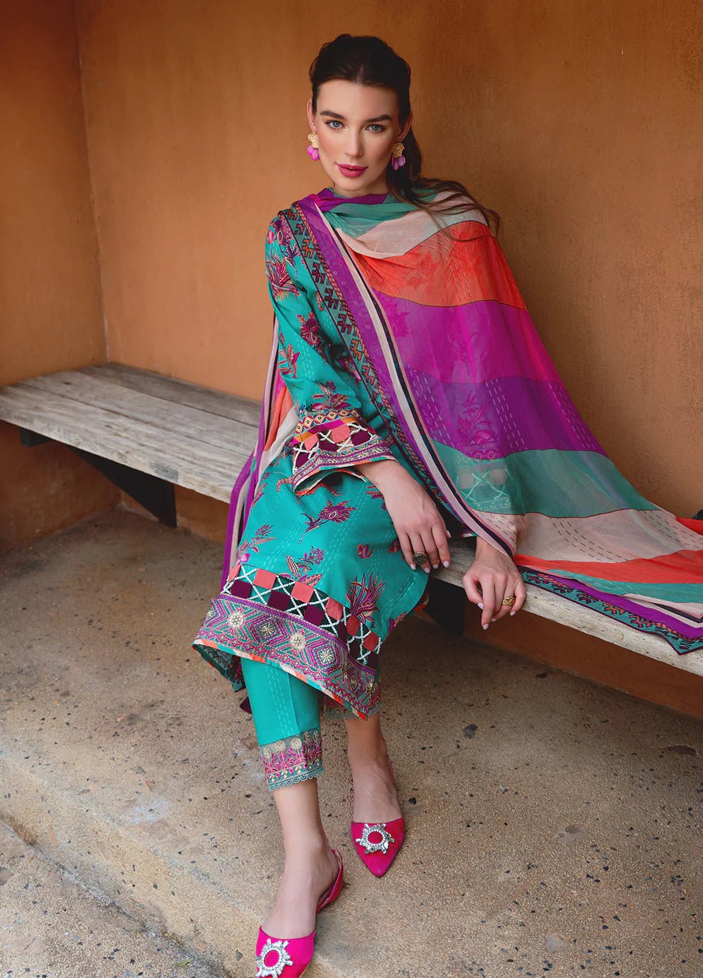 Model wearing Gulaal Enchanted Garden 24 ALMERIA GL - L - 24V2 - 01 dress, Pakistani clothes online in UK.