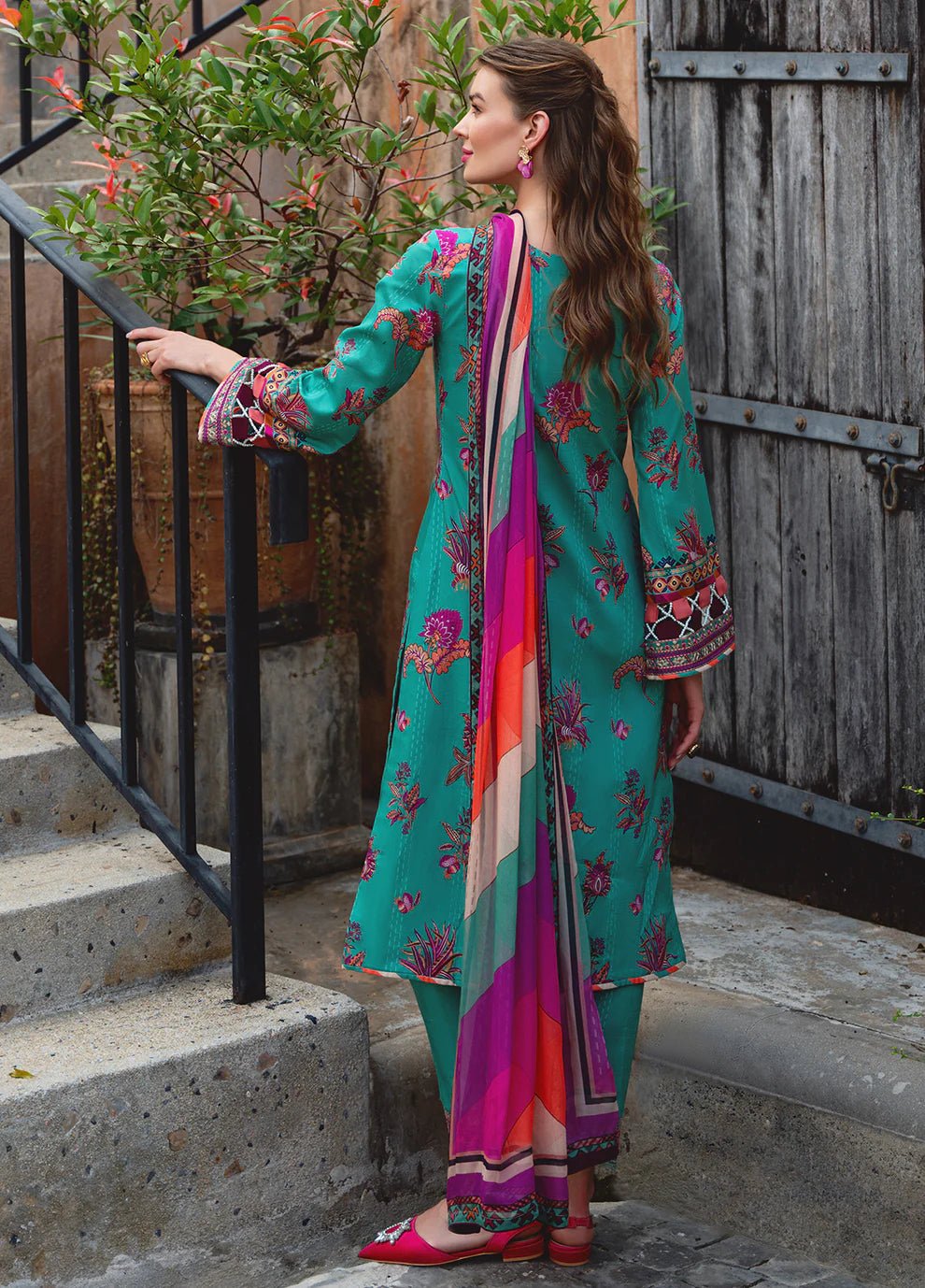 Model wearing Gulaal Enchanted Garden 24 ALMERIA GL - L - 24V2 - 01 dress, Pakistani clothes online in UK.