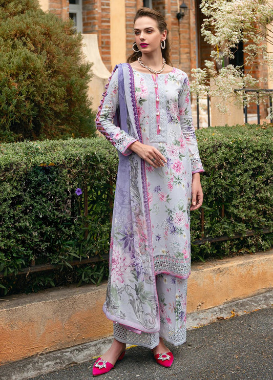 Model in Gulaal VIOLETTE, soft floral print Pakistani suit, UK collection.