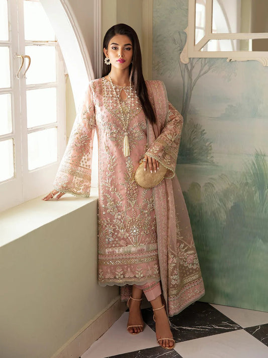 Model wearing blush pink AYSEL GL - LP - V2 - 11 dress from Gulaal, featuring intricate embroidery and luxurious embellishments, perfect for Pakistani clothes online in UK.