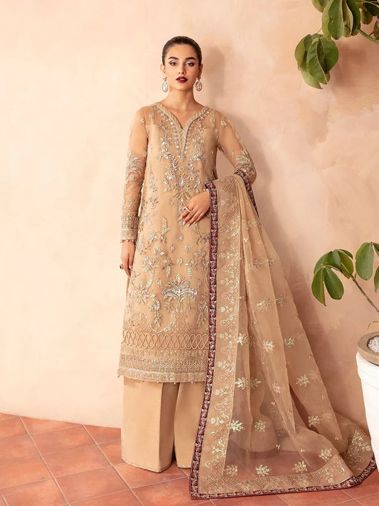 Model wearing Gulaal Luxury Pret EMILIA GL - LP - V2 - 14 dress in beige with intricate embroidery. Perfect for Pakistani clothes online in UK.