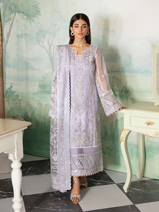 Model wearing a lavender Gulaal Liana GL - LP - V2 - 17 dress with intricate embroidery. Perfect for wedding occasions, highlighting Pakistani fashion online in the UK.