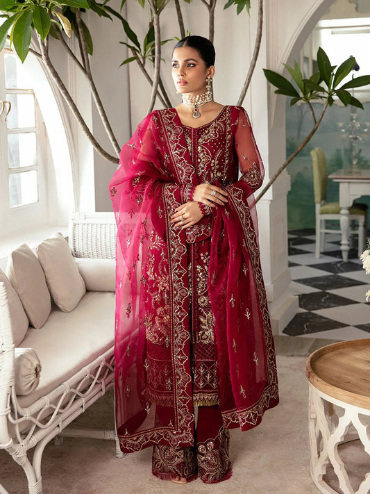 Model wearing red gold SAMARA GL - LP - V2 - 16 dress from Gulaal, adorned with exquisite embroidery and embellishments, ideal for Pakistani clothes online in UK.