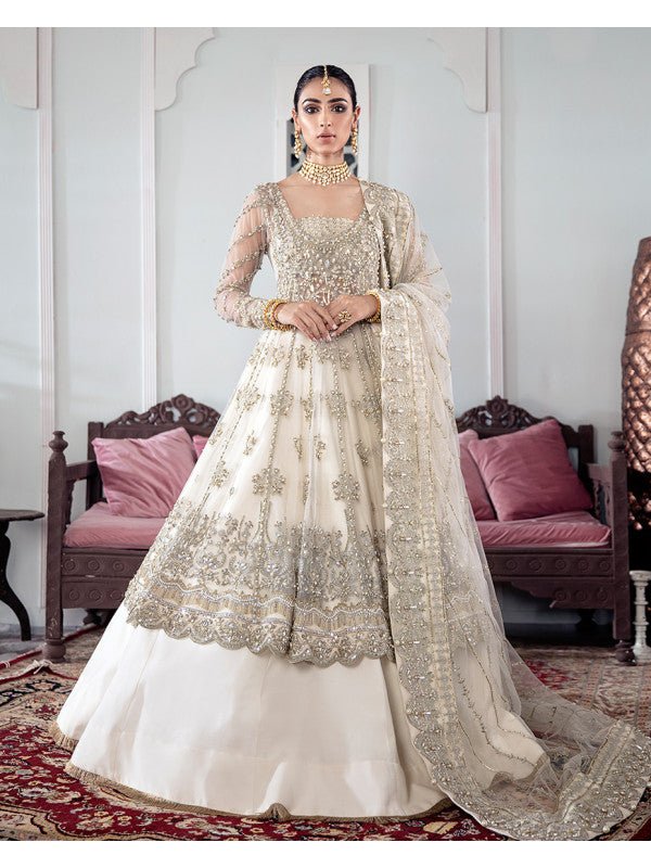 Model in Gulaal UK Meeral, ivory embroidered net wedding suit, from Meherma Formals collection.