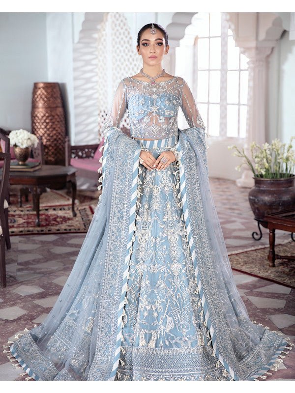 Model in Gulaal UK Mehnaaz, sky blue embroidered net suit, Meherma Wedding Formals series.