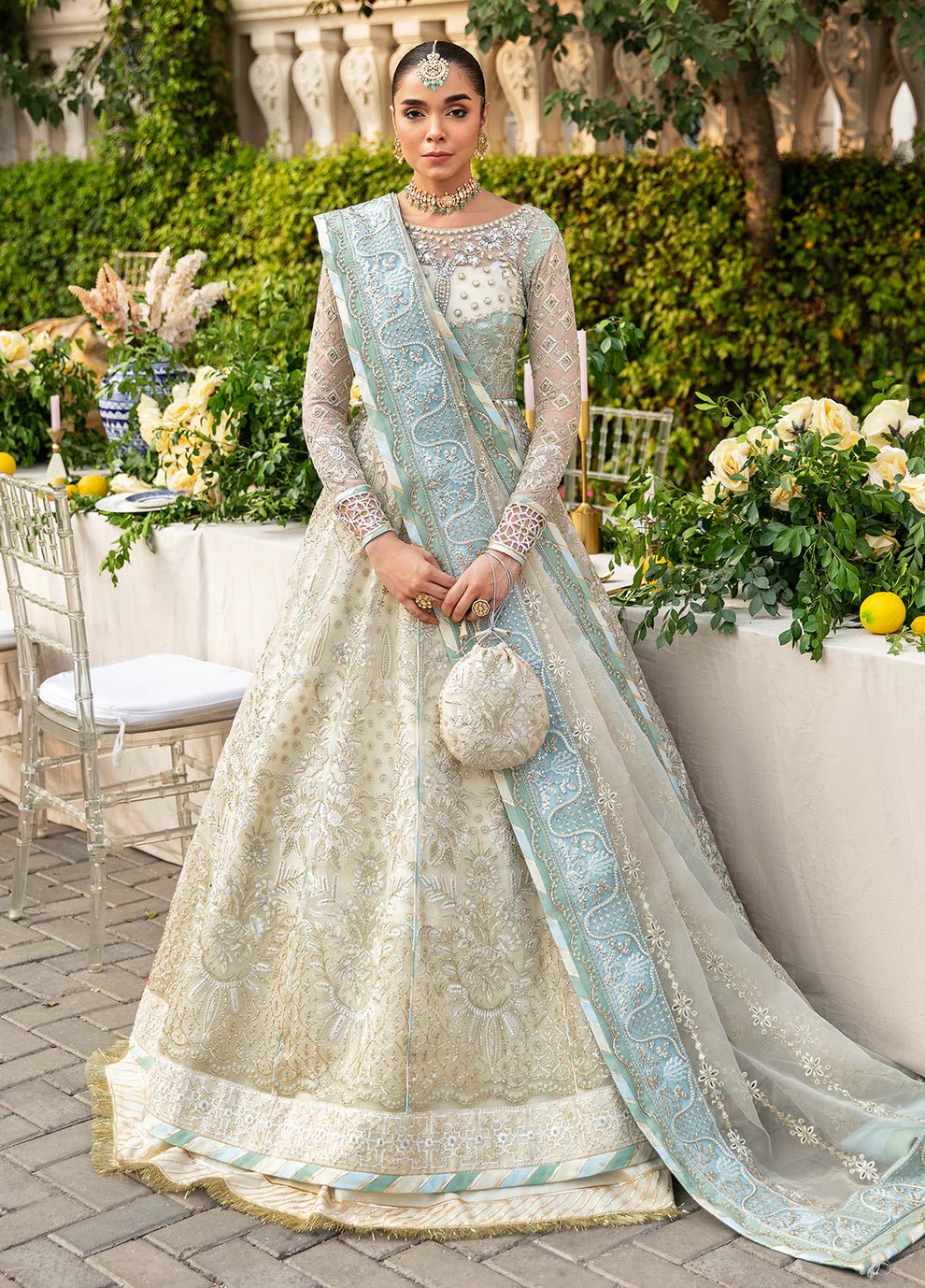 Model in Gulaal UK Nareena outfit, 2023 Unstitched Wedding Collection, Pakistani dress