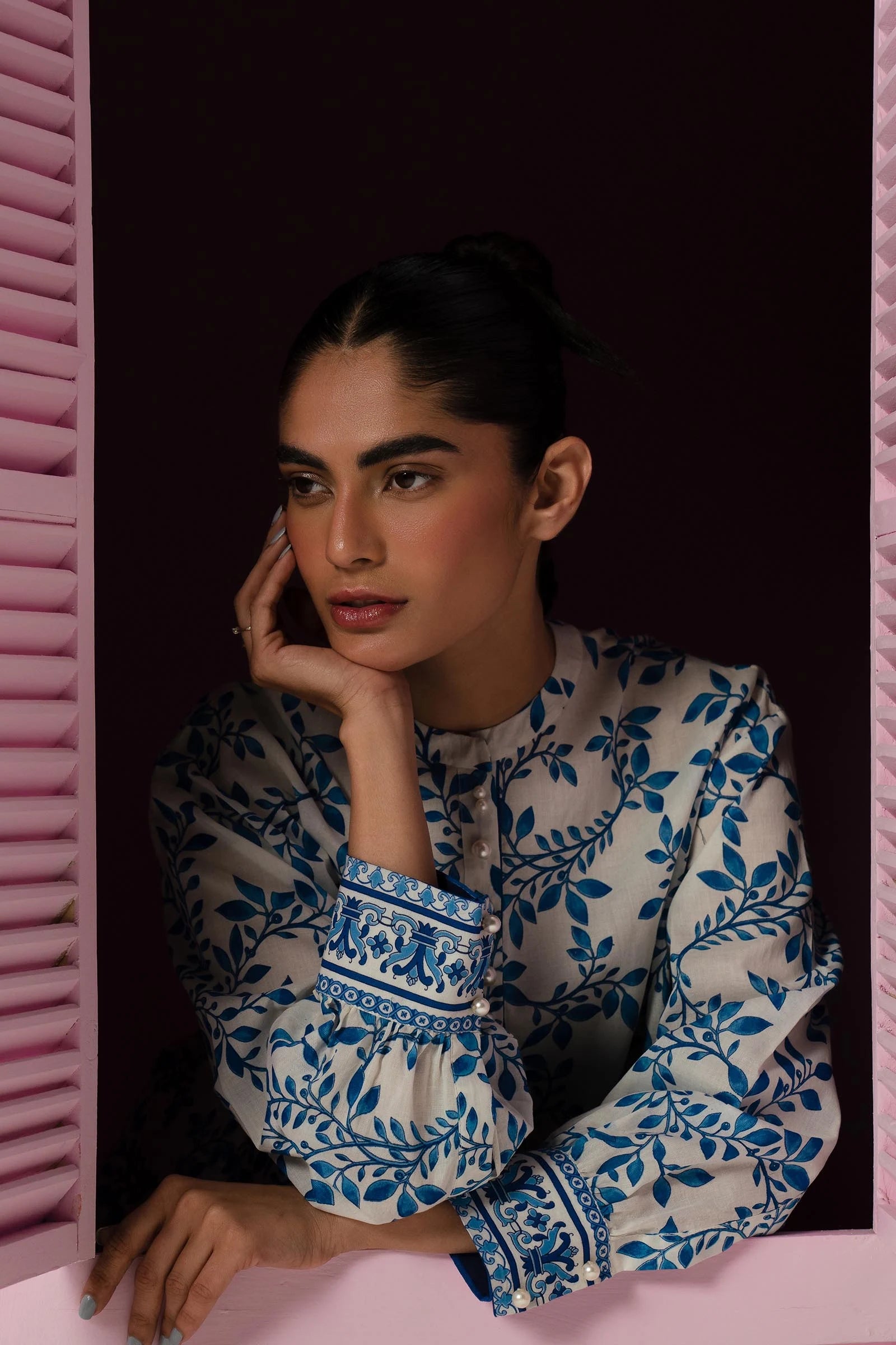 Model wearing Sana Safinaz Mahay'24 blue and white lawn dress, elegant Pakistani summer outfit in UK.