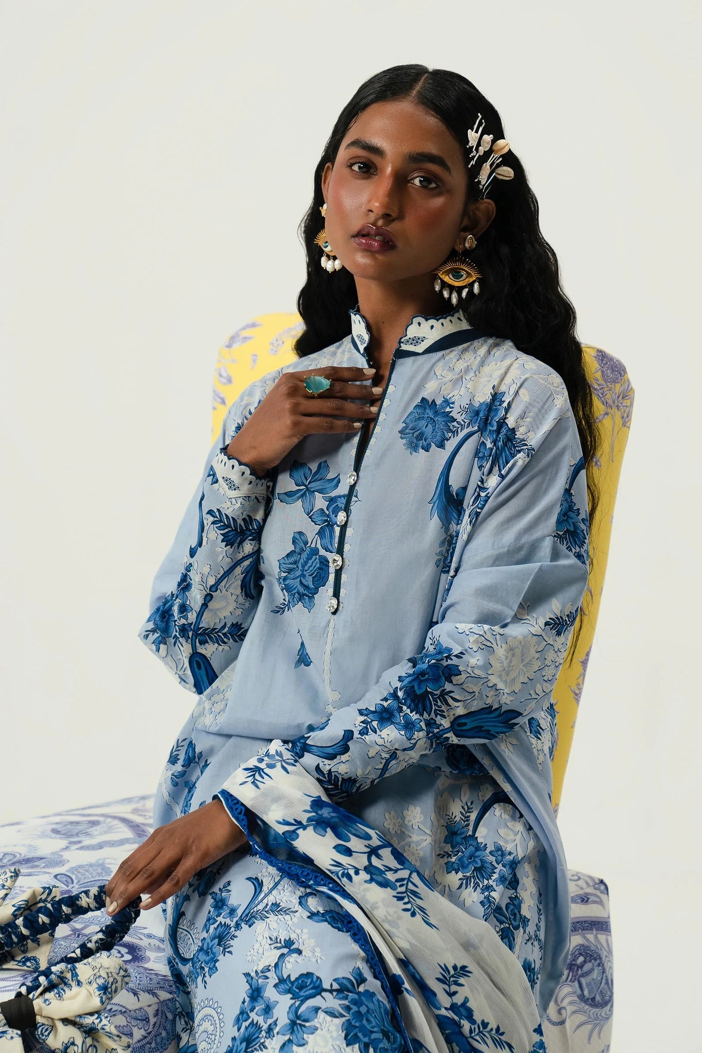 Model wearing Sana Safinaz Mahay'24 light blue floral lawn dress, elegant summer wear in UK.