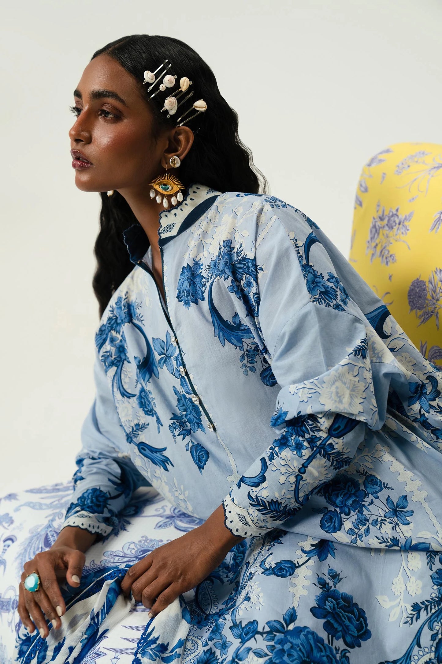 Model wearing Sana Safinaz Mahay'24 light blue floral lawn dress, elegant summer wear in UK.