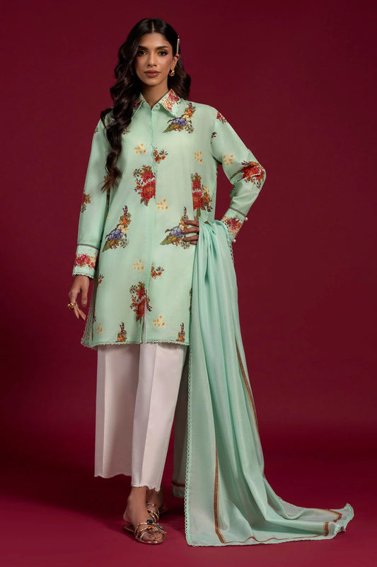 Model wearing mint green floral printed dress with matching dupatta from Sana Safinaz H251-002B-2S, Pakistani Luxury pret online in UK.