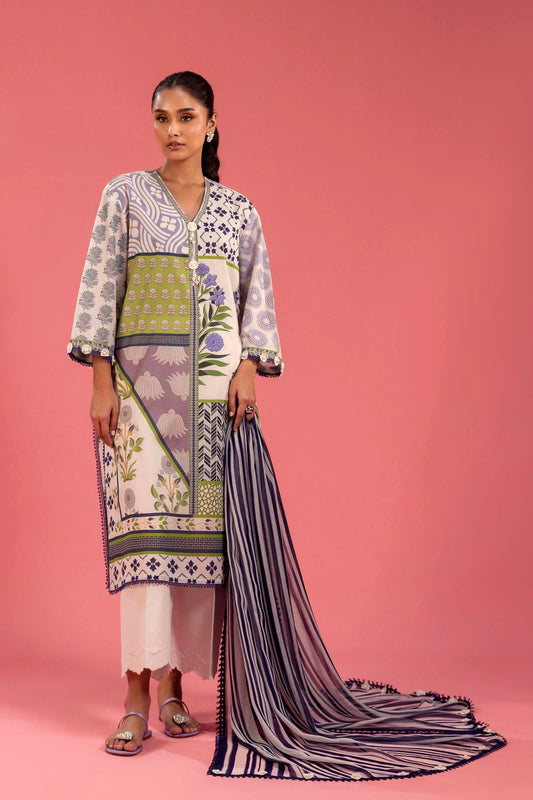 Model wearing multicolour green, purple, and cream printed outfit from Sana Safinaz, Mahay Spring '25, Pakistani clothes online in UK.
