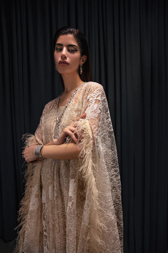 Model wearing Saira Rizwan Luxury Pret Chantilly '23 LILITH dress, showcasing Pakistani clothes online in UK.