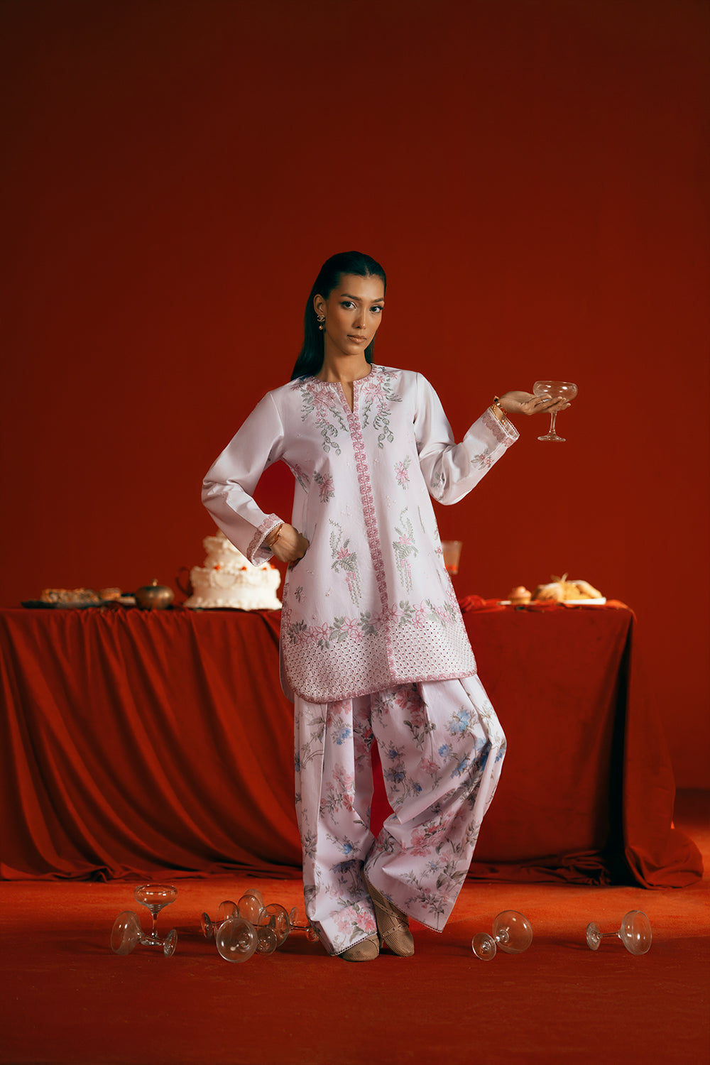 Model wearing white floral embroidered outfit from Saira Rizwan Joolie | JOOLIE WHITE - JBP25-07, Pakistani luxury pret online in UK.