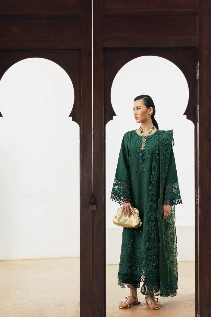 Model wearing emerald green Saira Rizwan CLAIR SREP08-25 from Sajri Eid Pret '25, Pakistani luxury pret outfit available online in UK.