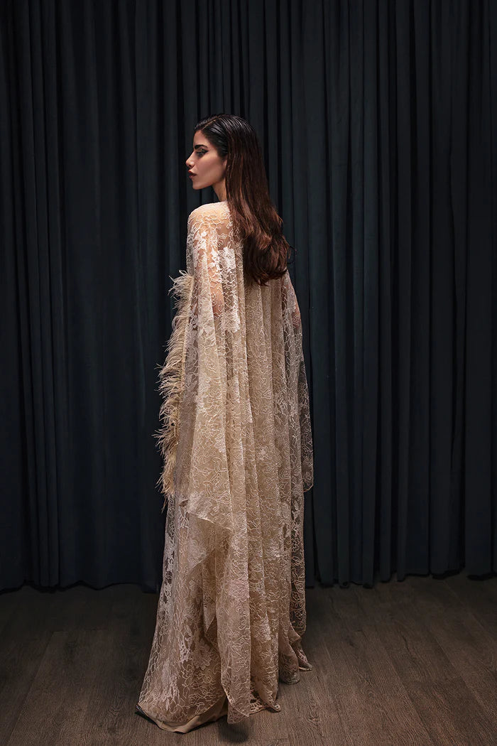 Model wearing Saira Rizwan Luxury Pret Chantilly '23 LILITH dress, showcasing Pakistani clothes online in UK.