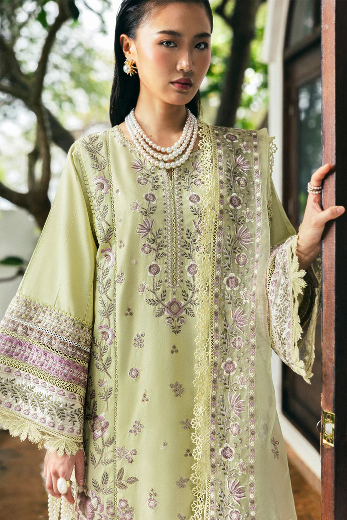 Model wearing soft lime green Saira Rizwan ELAN SREP01-25 from Sajri Eid Pret '25, Pakistani luxury pret, shop Pakistani clothes online in UK.