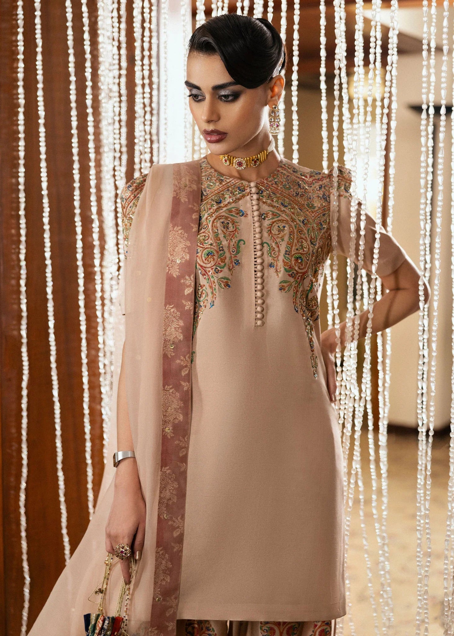 Model wearing Buff from Hussain Rehar's BASIC NOT BASIC V collection in a chic beige hue. Festive wear, Pakistani clothes online in UK.