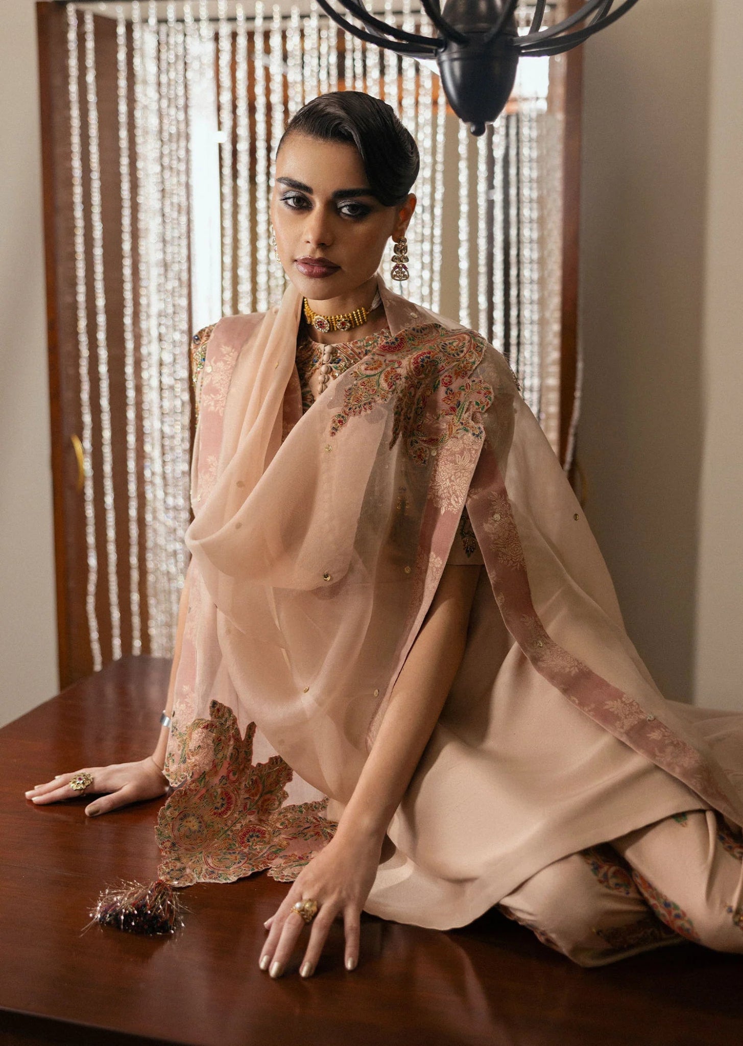 Model wearing Buff from Hussain Rehar's BASIC NOT BASIC V collection in a chic beige hue. Festive wear, Pakistani clothes online in UK.