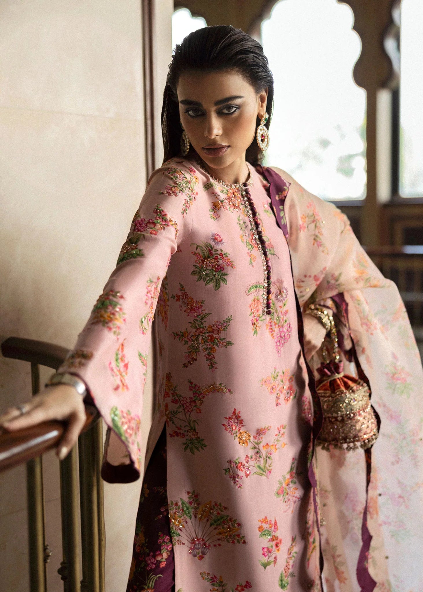 Model wearing Damask from Hussain Rehar's BASIC NOT BASIC V collection in an elegant dark shade. Festive wear, Pakistani clothes online in UK.