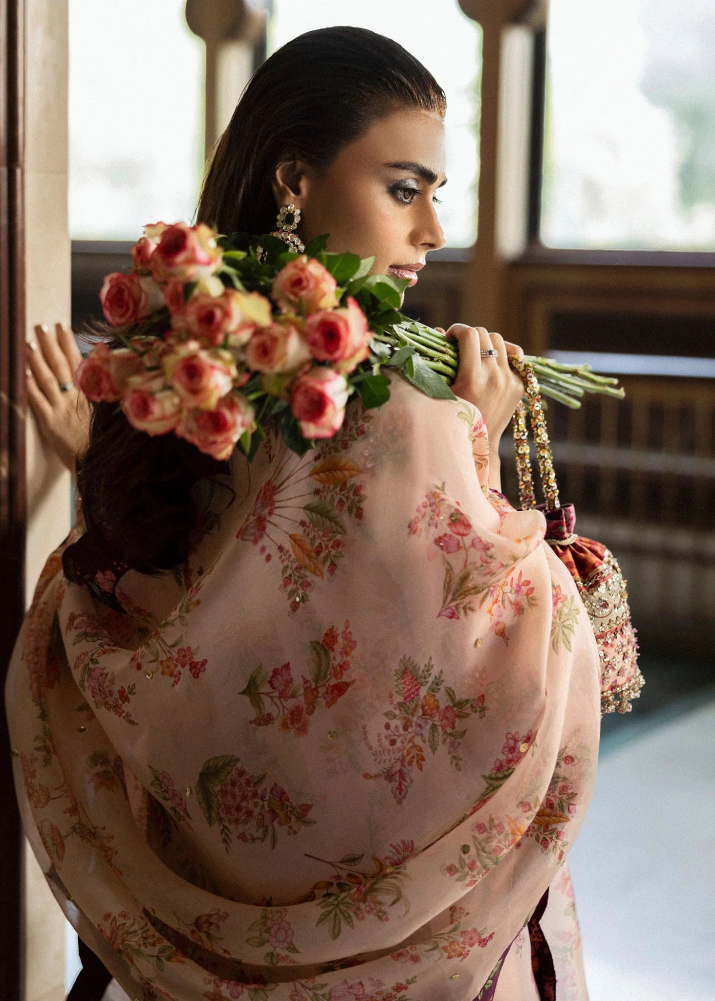 Model wearing Damask from Hussain Rehar's BASIC NOT BASIC V collection in an elegant dark shade. Festive wear, Pakistani clothes online in UK.