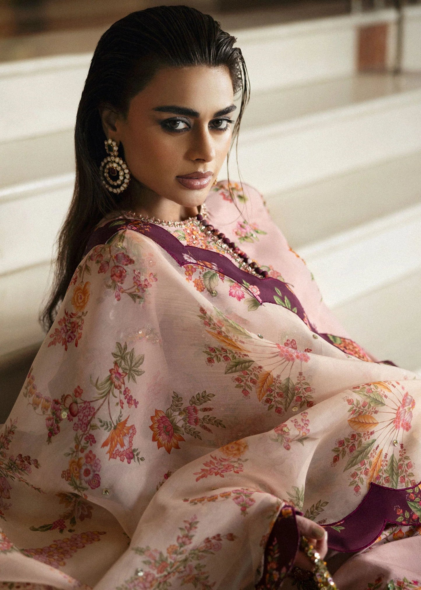 Model wearing Damask from Hussain Rehar's BASIC NOT BASIC V collection in an elegant dark shade. Festive wear, Pakistani clothes online in UK.