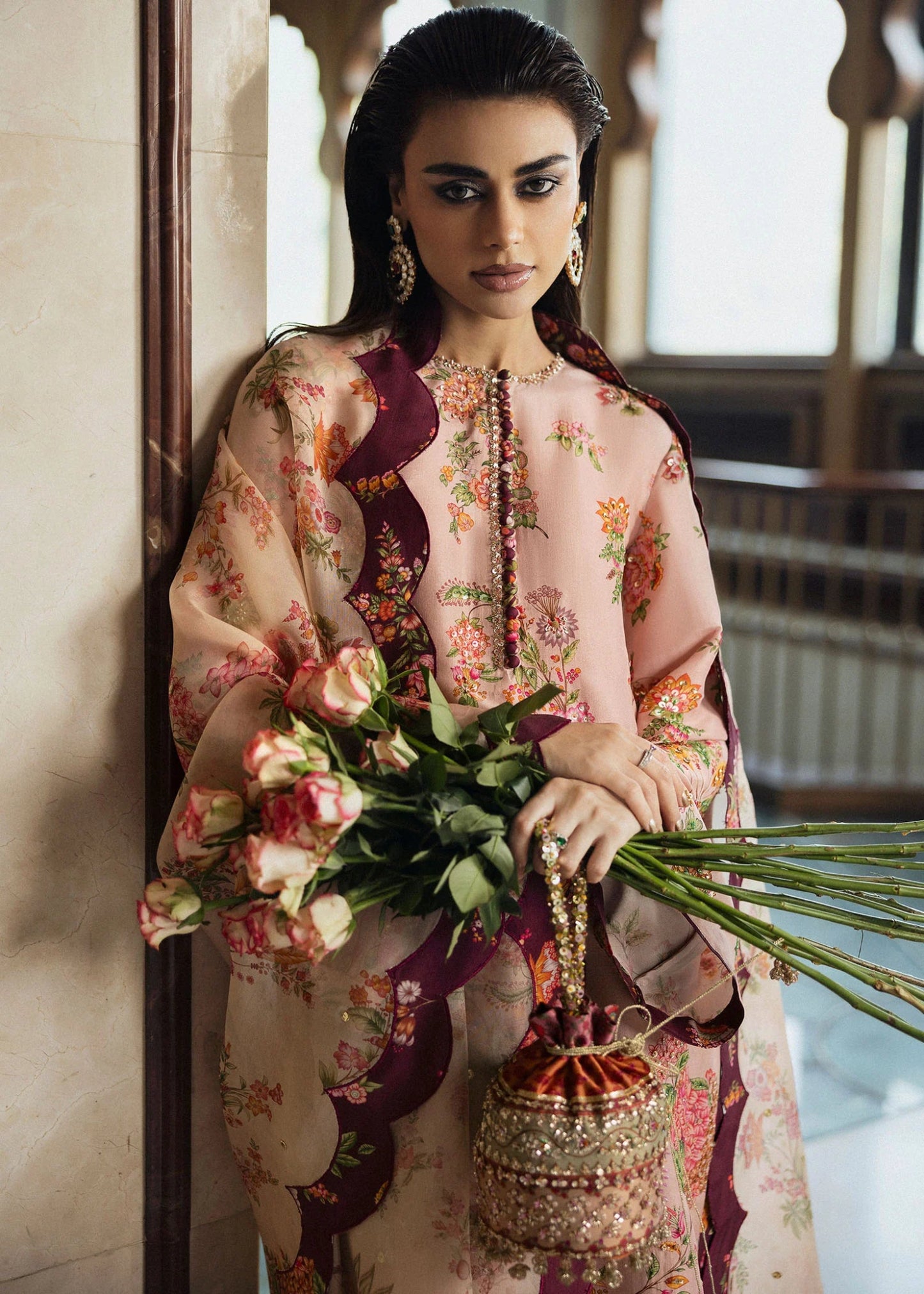 Model wearing Damask from Hussain Rehar's BASIC NOT BASIC V collection in an elegant dark shade. Festive wear, Pakistani clothes online in UK.