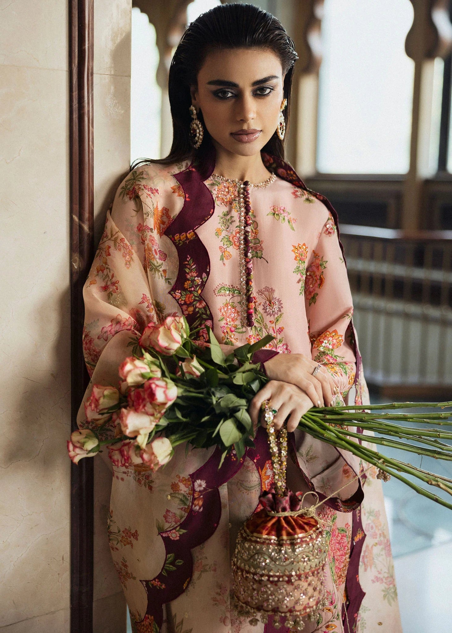 Model wearing Damask from Hussain Rehar's BASIC NOT BASIC V collection in an elegant dark shade. Festive wear, Pakistani clothes online in UK.