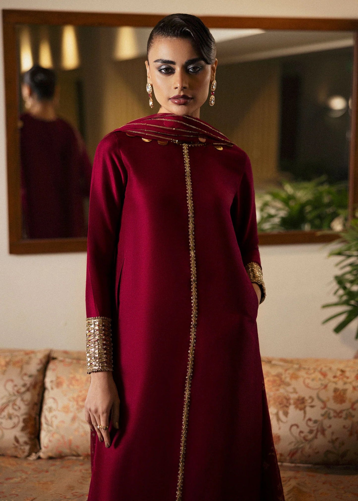 Model wearing Mulbery from Hussain Rehar's BASIC NOT BASIC V collection in a rich purple shade. Festive wear, Pakistani clothes online in UK.