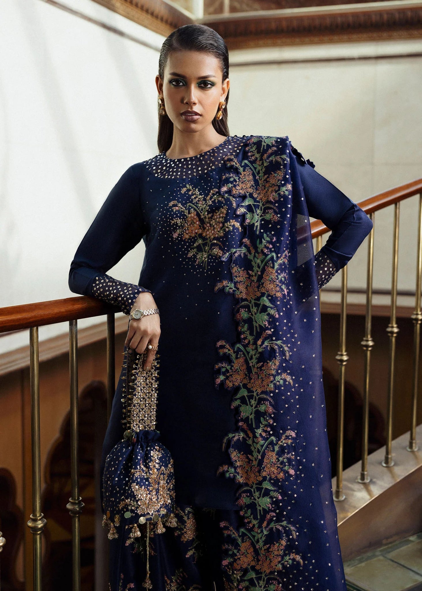 Model wearing Nocturne from Hussain Rehar's BASIC NOT BASIC V collection in deep navy. Festive wear, Pakistani clothes online in UK.