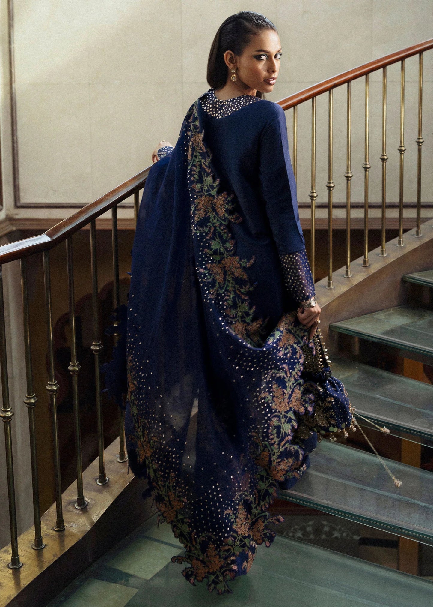 Model wearing Nocturne from Hussain Rehar's BASIC NOT BASIC V collection in deep navy. Festive wear, Pakistani clothes online in UK.