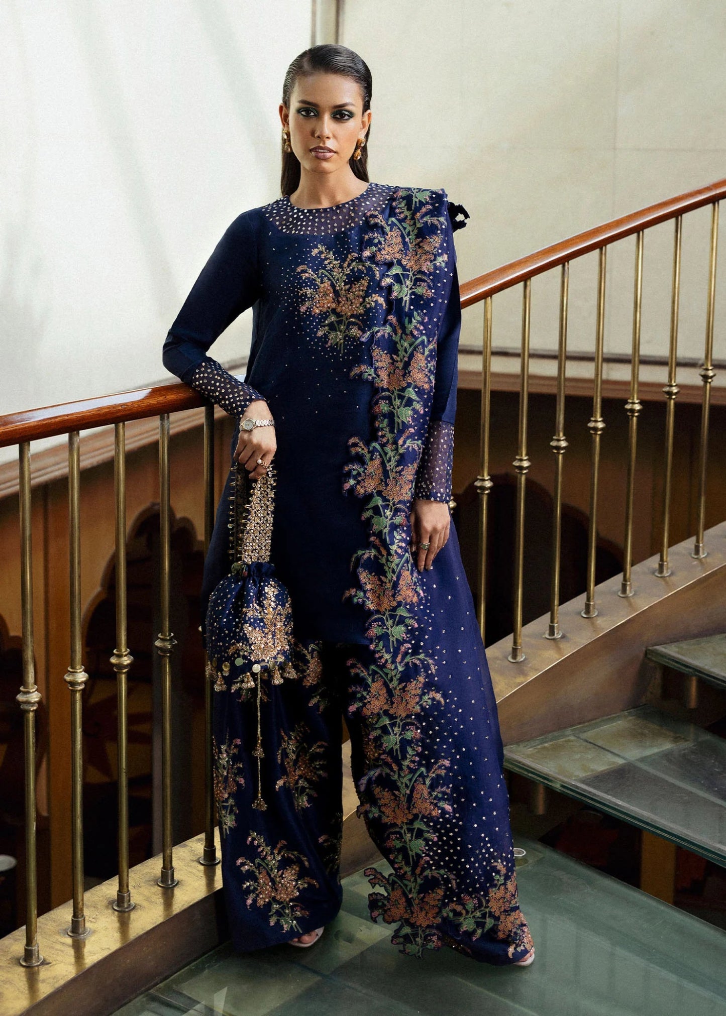 Model wearing Nocturne from Hussain Rehar's BASIC NOT BASIC V collection in deep navy. Festive wear, Pakistani clothes online in UK.