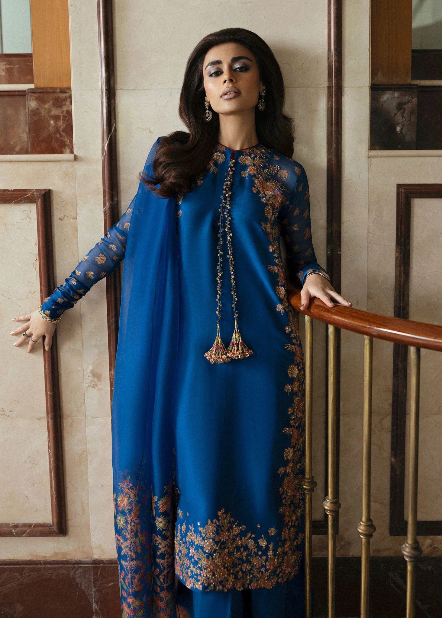 Model wearing Serene from Hussain Rehar's BASIC NOT BASIC V collection in a soothing, elegant color. Festive wear, Pakistani clothes online in UK.