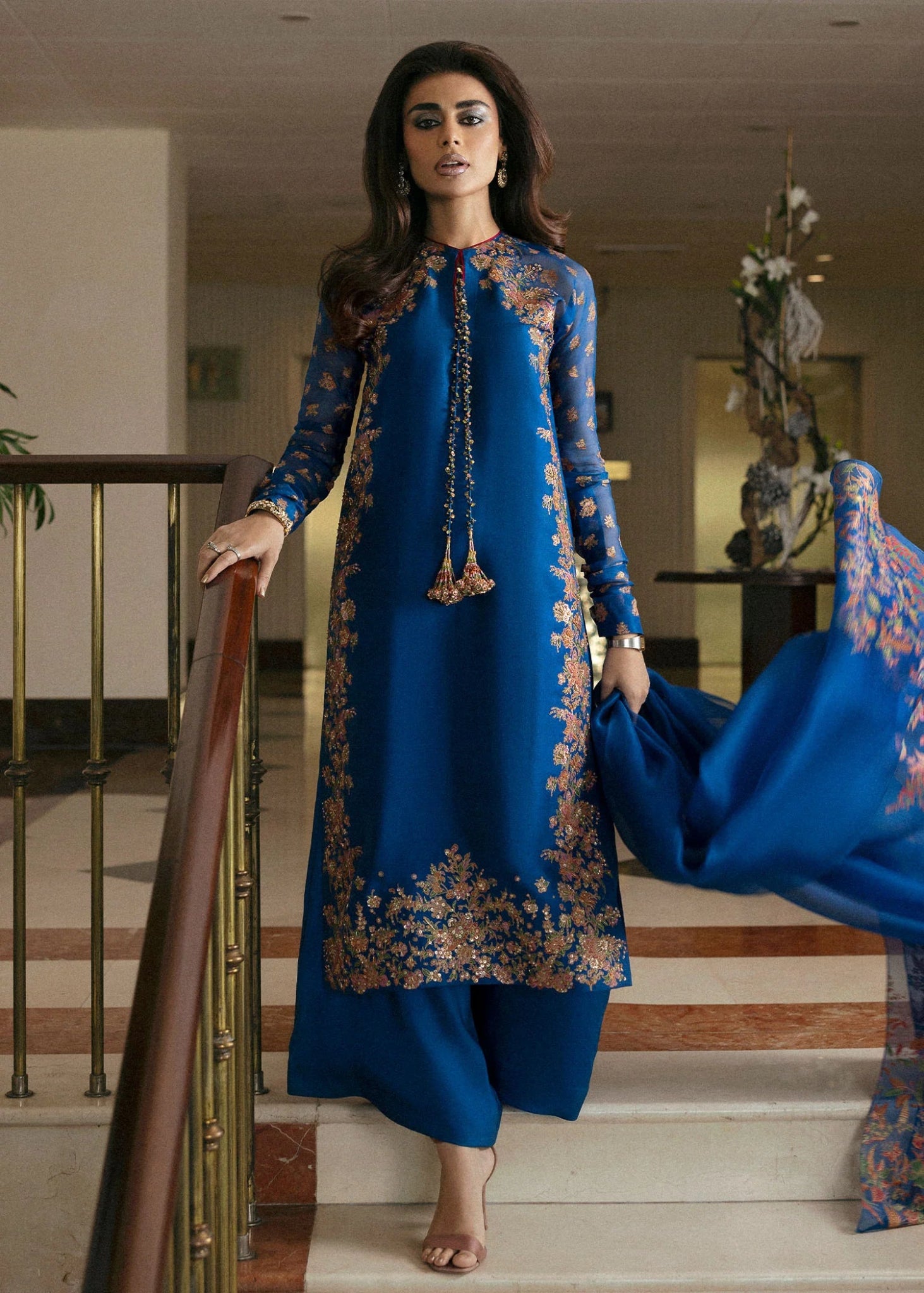 Model wearing Serene from Hussain Rehar's BASIC NOT BASIC V collection in a soothing, elegant color. Festive wear, Pakistani clothes online in UK.