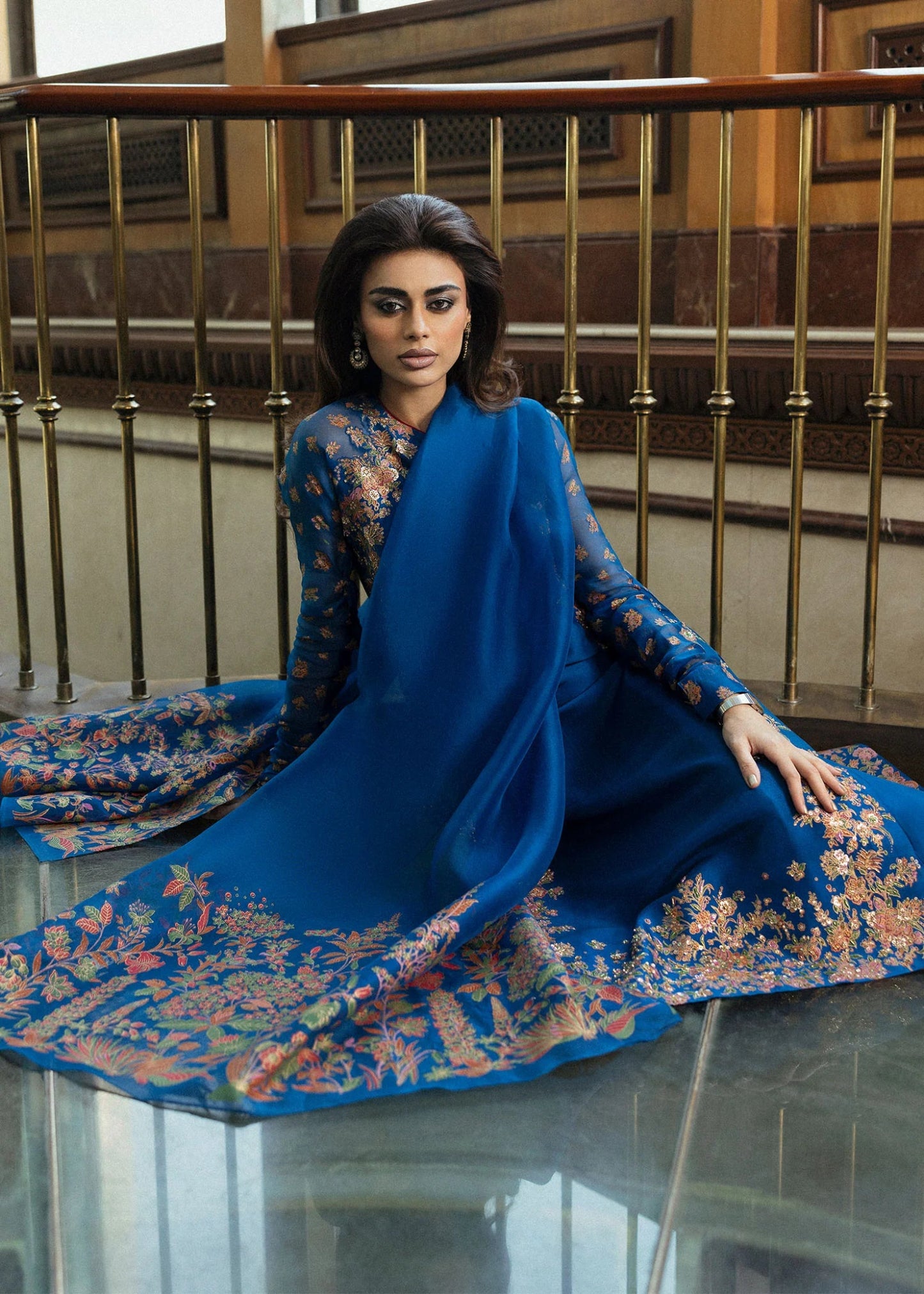 Model wearing Serene from Hussain Rehar's BASIC NOT BASIC V collection in a soothing, elegant color. Festive wear, Pakistani clothes online in UK.